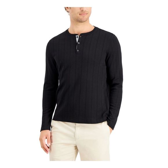 ALFANI Mens Black Long Sleeve Crew Neck Classic Fit Stretch Henley Shirt L